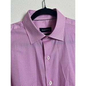 New Bugatchi Mens Sz 15.5 Pink Checkered Comfort Stretch Long Sleeve Dress Shirt